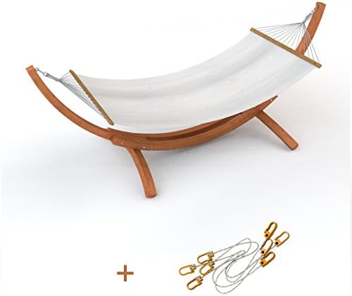 AMPEL 24, Single hammock stand Mauritius 310 cm | Weather-resistant Siberian larch wood | Set incl. hammock Tobago in off-white with spreader bars | Stabilising kit