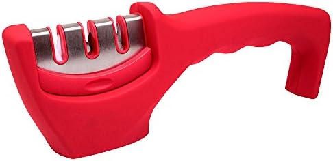 KALREDE Knife Sharpener- 3 Stage Manual System for Professional Results - Ceramic Stone, Tungsten Carbide Plates, Diamond Rod-Ergonomic Design With A Stylish Red/Rubber Surface Treatment.Professional Chef'S Choice - Sharpen Your Blunt Blades Now!