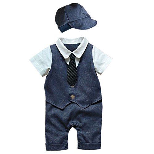 iiniim 2pcs Baby Little Boys Gentleman Bowtie Romper Jumpsuit With Hat Formal Outfit Casual Clothing Navy Blue 6-9 Months