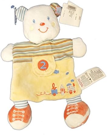Doudou plat OURS jaune orage Train 2 brodés Grelot - NICOTOY Kitchou Kiabi