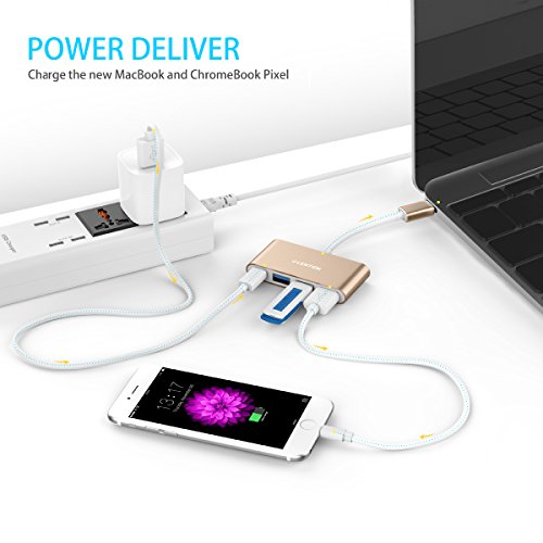 LENTION 4-in1-USB-C-Multiport-Hub / USB-C-Dock mit Typ C, USB 3.0, USB 2.0 Ports für New Macbook 12″ / ChromeBook, Pro Retina 13 15, Surface, Dell XPS u.a., Multiport-Adapter zum Aufladen und Verbinden in den Farben Champagne Gold - 3