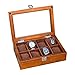 Produktbild GQSHK Aufbewahrungsbox für 8-Fach-Uhrendisplays mit Zubehörfach Innen mit weichem Futter und 8 abnehmbaren Kissen, Metallverschluss Vitrine mit Glasdeckel, Braun