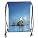 Produktbild OQUYCZ Drawstring Sack Backpacks Bags,Island,Photo of Tropic Islands in The Pacific Sea with Vivid Sky View Peaceful Idyllic Decorative,Blue White Soft Satin,5 Liter Capacity,Adjustable String