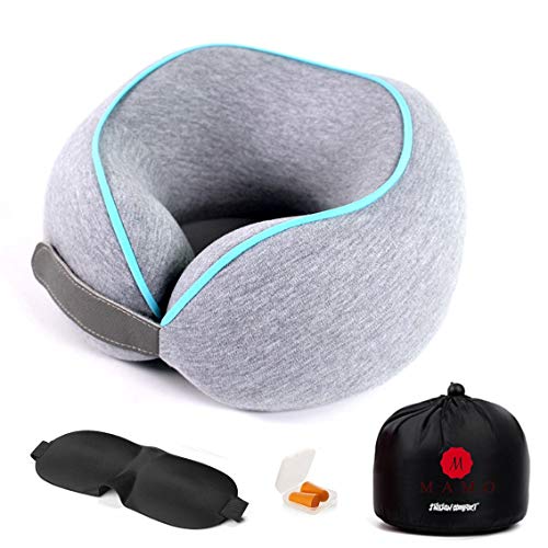 MAMO Cuscino Cervicale da Viaggio in Memory Foam ergonomico di ottima qualità, Cuscino da Collo per Aereo, Auto, divano e scrivania Cuscino Collo Posturale con mascherina notte e tappi per orecchie