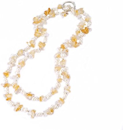 Lustrous-Ivory Pearls &amp; Citrine Long/Regular Necklace with Silver Beads