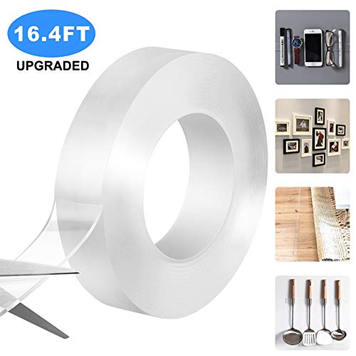 Cinta adhesiva lavable, cinta de montaje Ehugos reutilizable, transparente, de doble cara transparente, agarre de tiras transparentes adhesivas extraíbles para vidrio, metal, gabinetes de cocina o azulejos (5M)