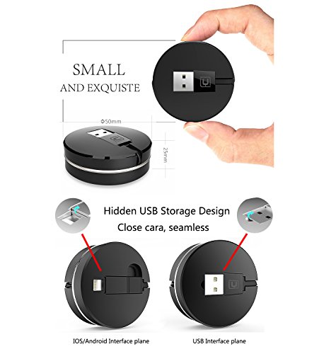 2 in 1 Lightning und Micro USB Einziehbares Kabel, cafele 1 m/Auslöser praktisch, aufrollbares Lightning und Micro USB Laden & Sync Daten Travel Kabel Adapter für iOS (8/9/10) & Android Phones Tablets - 3