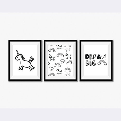 Scandinavian Nursery Decor Girl, Unicorn Nursery Art, Monochrome Nursery Decor Set of 3 Prints only unframed