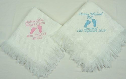 Baby Birth Personalised Shawl Blanket with Footprints Keepsake Baby Shower Gift in Pink Blue White or Cream (Pink)