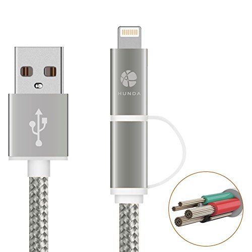 2 in 1 Ladekabel USB Lightning, HUNDA 1M Nylon umflochtenes Lightning Ladekabel [Apple MFi zertifiziert] für iPhone 7/7 Plus SE 6S/6S Plus 6/6 Plus, 5S/5C/5 , iPad Air 2, iPad Mini 3 (Grau) - 2