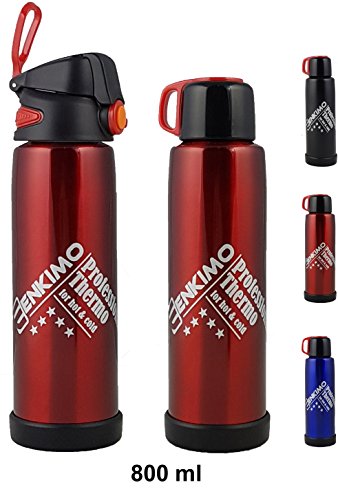 Premium Edelstahl Thermosflasche, doppelwandig vakuum-isolierte Thermotrinkflasche von Enkimo mit 2 Spezialverschlüsse + Trinkbecher, Isolierflasche für Heiß- und Kaltgetränke, Ihre Thermoflasche im Büro, bei Sport und Freizeit (800 ml rot) - 6