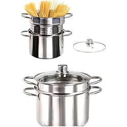 Casserole à spaghettis en acier inoxydable - À induction - Avec passoire - 3 parties - Cuiseur à asperges - 6 litres - Couvercle en verre