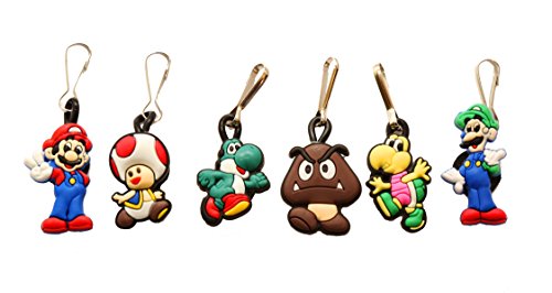 6 pcs Super Mario Brothers # 1 Zipper Pull Charms for Jacket Backpack Bag Pendant