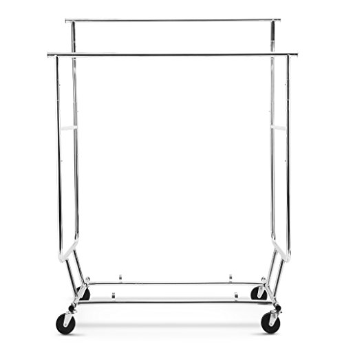 LANGRIA Zusammenklappbar Kleiderständer Rollbar Garderobenständer mit 2 Verstellbare Kleidertange, 4 Omnidirektionalen Rädern, Halten bis 250 lbs (55,1 bis 65,0 “ H x 50,4-74,0 “ W x 21.7 “ D), Chrom-Finish - 5