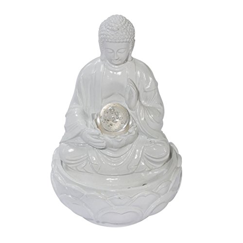Tischbrunnen Buddha - Zimmerbrunnen Beleuchtet - Polyresin - Weiß - Höhe ca. 28 cm