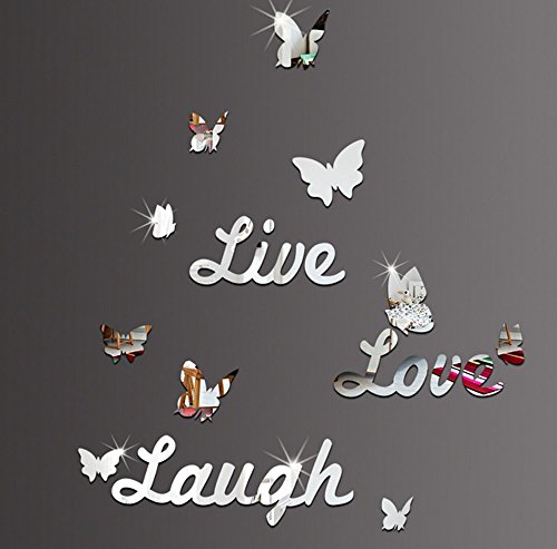 Extsud® DIY Spiegel Aufkleber Schmetterling / Herz Live Love Laugh Wandaufkleber Wandtattoo Wandsticker für Kinder / Babys Schlafzimmer Wohnzimmer Haus Dekoration Bestes Geschenk (Schmetterling, Silber) - 4