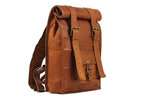 VH Leder Laptop Rucksack Rucksack Schultertasche Roll Rucksack Vintage echte Tasche mittelbraun M  nner und Frauen