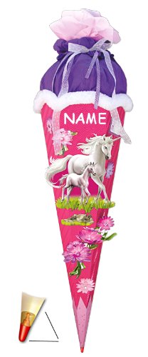 BASTELSET - Schultüte - " Einhorn mit Fohlen " - 85 cm - mit Holzspitze - Zuckertüte Roth ALLE Größen - 6 eckig Pferd Pferde Einhörner rosa - Komplettset / Schultüten - pink