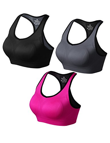 Match Mujer Sujetador Deportivo Racerback de Doble Capa con Relleno Sin Costura Sin Aros para Yoga Gimnasio Aptitud Fitness #002(1 Paquete de 3(Negro-Gris-Ciruela),L)