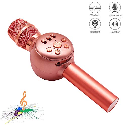 Microfono inalambrico karaoke Bluetooth, NINE CUBE 3-en-1 microfono de karaoke portatil de mano, altavoces de karaoke, regalos para amigos y ninos, compatible con iPhone, Android, PC, etc.(Oro rosa)