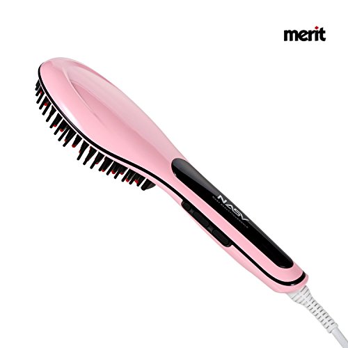 [2016 New Release] Hair Straightening Brush, Merit Hair Straightener With LCD Temperature Control, Straightener Comb With Fast Styling, Detangling Electric Straightener For Short or Long, Black, Thick, Thin, Wavy Hair or Bangs (Pink)