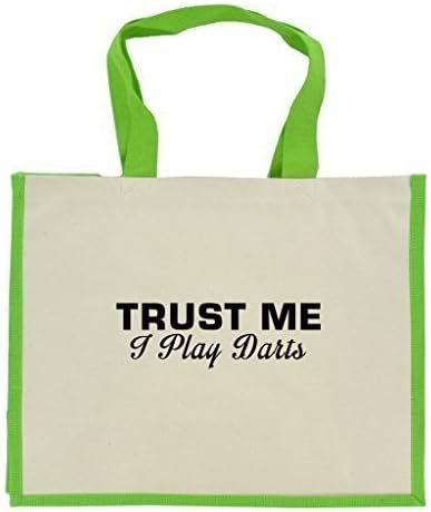 Trust Me I Play Darts in Black Print Jute Large Shopping Bag with Green Handles and Trim
