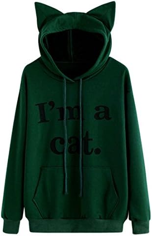 Womens Hoodie,Moonuy Ladies Cat Hat Long Sleeve Sweatshirt Letter Printing Hooded Pullover Tops Autumn Winner Fashion Causal Pocket Blouse Loose Elegant Cute Sweater Fleeces Hoody (M, Green)