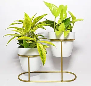 White Metal Planters for Living Room with Stand, Desk Metal pots Planters Stand Set of 2 (Without Plants)