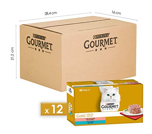 Purina Gourmet Gold Umido Gatto Tortini con Salmone, con Tonno, 48 Lattine da 85 g Ciascuna, 12 Confezioni da 4 x 85 g