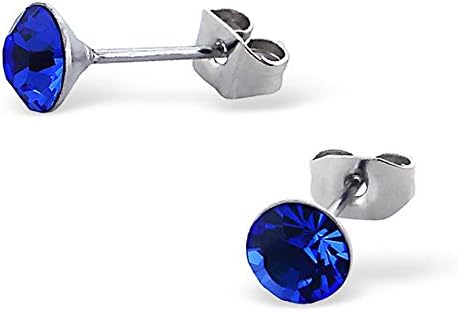 Pair of Small Round Sapphire Blue Crystal Stud Earrings - Silver Surgical Stainless Steel
