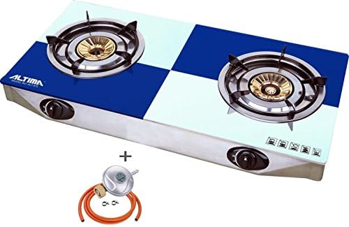 Gas Stove 2 Burner Freestanding Hob Glass Indoor Piezo FFD Caravan 7.2kW + Butane Regulator Set
