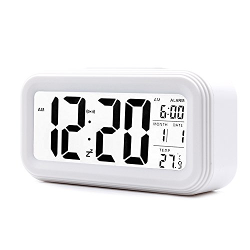 Ankoda® batteriebetriebener LED Digital-Wecker mit extra großem Display, Snooze, Datumsanzeige, Temperatur und Sensor Licht (weiß)