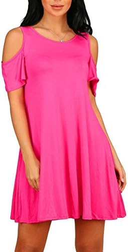 NELIUYA Women's Summer Cold Shoulder Tunic Top Swing Dresses Loose T-shirt Casual Dress With Pockets (Small, Rose)