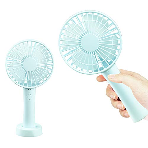 JUMKEET Mini Ventilador de Mano, Ventilador Portátil USB con Base de 3 Velocidades Ajustables, Silencio y Potencia de 4W, Recargable con Cable USB para Uso de Mesa Viajes Oficina Hogar, Azul