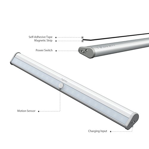 Aglaia Schrankleuchte mit Bewegungssensor, Automatische Schranklicht 20 LEDs mit einem Magnetstreifen, USB Aufladbar mit eingebautem 1200mAh Akku, ideal für Schränke, Schublade, Schlafzimmer, Flur, Keller, Garage - 3