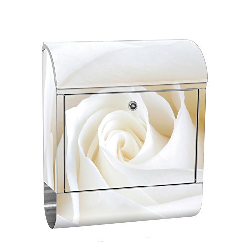 Preisvergleich Produktbild liwwing Briefkasten Edelstahl mit Motiv und Zeitungsfach, Zeitungsrolle als XXL Design Wandbriefkasten / Rose Blumen Blüte weiß edel / no. 1099