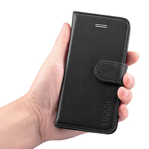 iPhone 5S Case, iPhone 5S Wallet Case, TUCCH [Lifetime Warranty] Magnetized Closure Card Slots Money Pouch, Retro Leather Wallet Case Purse Protective Cover Stand Feature Flip Book Case for iPhone 5s / 5 / SE - Black / Red