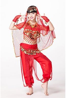 WUDAOFU Belly Dance Outfits Children's Performance Chiffon/Sequined Beading/Coins/Sequins 6 Pieces Fuchsia/Gold/Red/turquoise Kids Dance Costumes, l