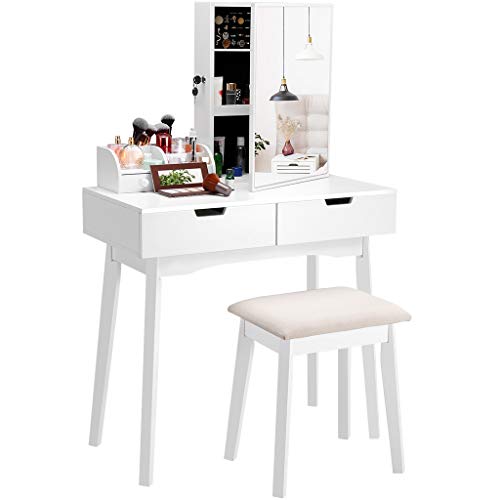 LANGRIA Coiffeuse Moderne,Table de Maquillage avec Tabouret rembourré Miroir,Armoire à Bijoux,Organisateur de Maquillage, 2 tiroirs coulissants,Style Moderne Simple 80 x 40 x 130cm(Blanc)