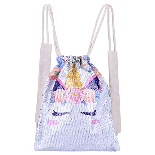 YoungRich Unicornio Mochilas Casual Mujer Mochila de Lentejuelas Reversible Mochila Sirena Bolsa de Deportes al Aire Libre Luz de Viaje Bolsa para la Escuela para Niña 17.7×13.8×0.4 Inch Blanco