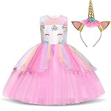 Unicornio vestido de tul con diadema. Sin mangas y cuello redondo, cierre de cremallera oculta en la espalda. Con lindos apliques de unicornio, decorados con brillantes cuentas, lo que lo convierte en un encantador vestido de princesa de unicornio para realizar el sueño de la princesa de niña.