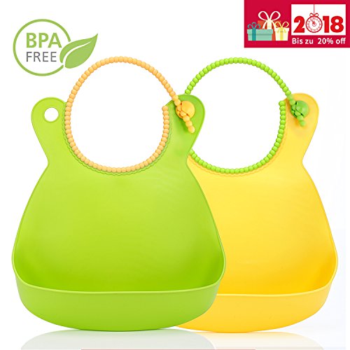 Baby lätzchen mit auffangschale | Weiches | mit wasserdichter Tasche faltbar | einfach zu reinigen | einstellbarem Halsband | BPA freiem | 2 pack,grün/gelb