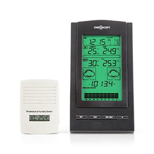 oneConcept Isfjorden Wetterstation Thermometer (LCD-Display, Außensensor, Datenübertragung per Funk, 100 m Funkreichweite, Wetter-Alarm, Batteriebetrieb, Wandmontage) schwarz - 5