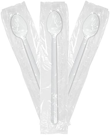 Medium Weight Wrapped - Plastic Disposable Long Soda Spoons - White - 100 pcs Value pack