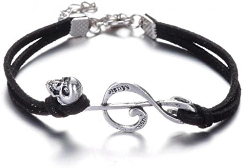 Infinite U(Buy 1 Get 2) Fashion Small Music Note and Skull Antique Sliver Handmade Bracelet/Bangle Make of Leather Cord-6 Colour Options-black