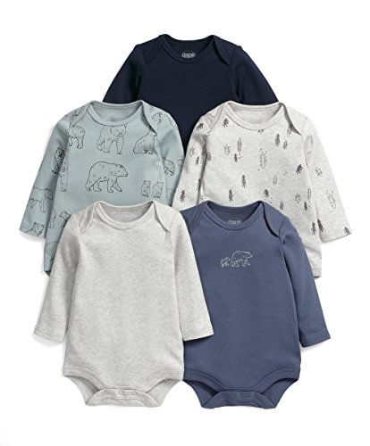 Mamas & Papas Baby-Boys Mamas And Papas 5 Pack Long Sleeve Bodysuit Bear Long Sleeve Set of 5 Bodysuit, Blue, 0-3 Months