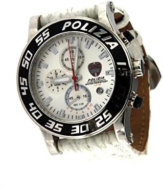 Chronotech Men Only Time Limited Edition Police Clock with Steel Case and White Leather Strap