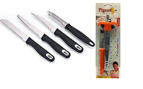 Pigeon Combo Offer Pigeon Gas Lighter Smart with stand With Pigeon Kitchen Knife 4 Pcs Set Black