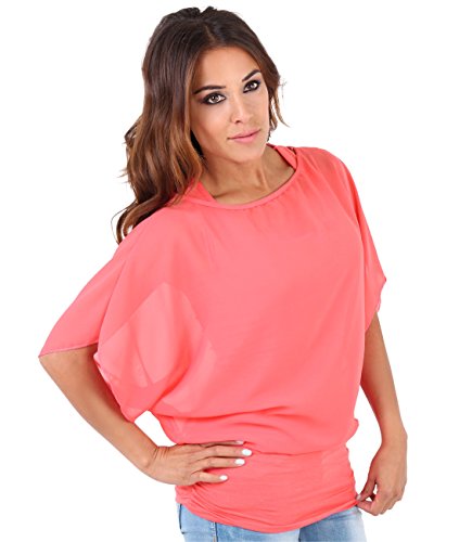 3559-Coral-16: Oversize Chiffon Ruched Top