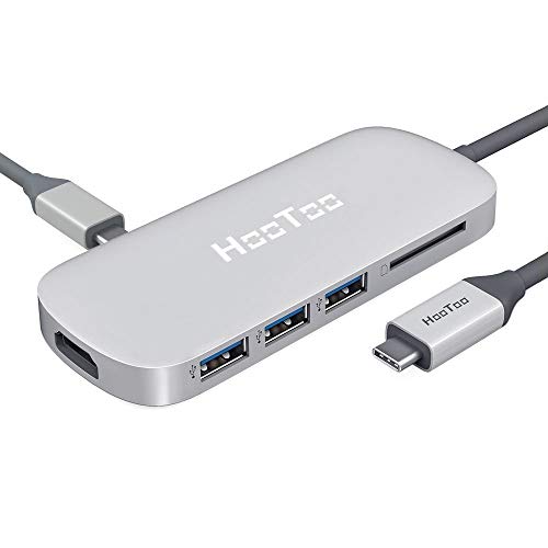 HooToo HUB USB C 100W Alimentado (PD), HDMI 4K UHD, Lector de Tarjeta SD, 3 Puertos USB, Adaptador y Concentrador Multipuerto Compatible con Mac/Mac Pro/Chromebox Pixel, Plata